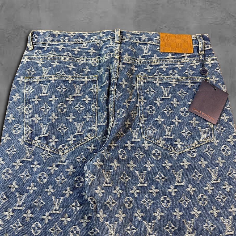 Wide Leg Blue Louis Vuitton Lv Monogram Leather Design Streetwear Jeans - Picture 4 of 9